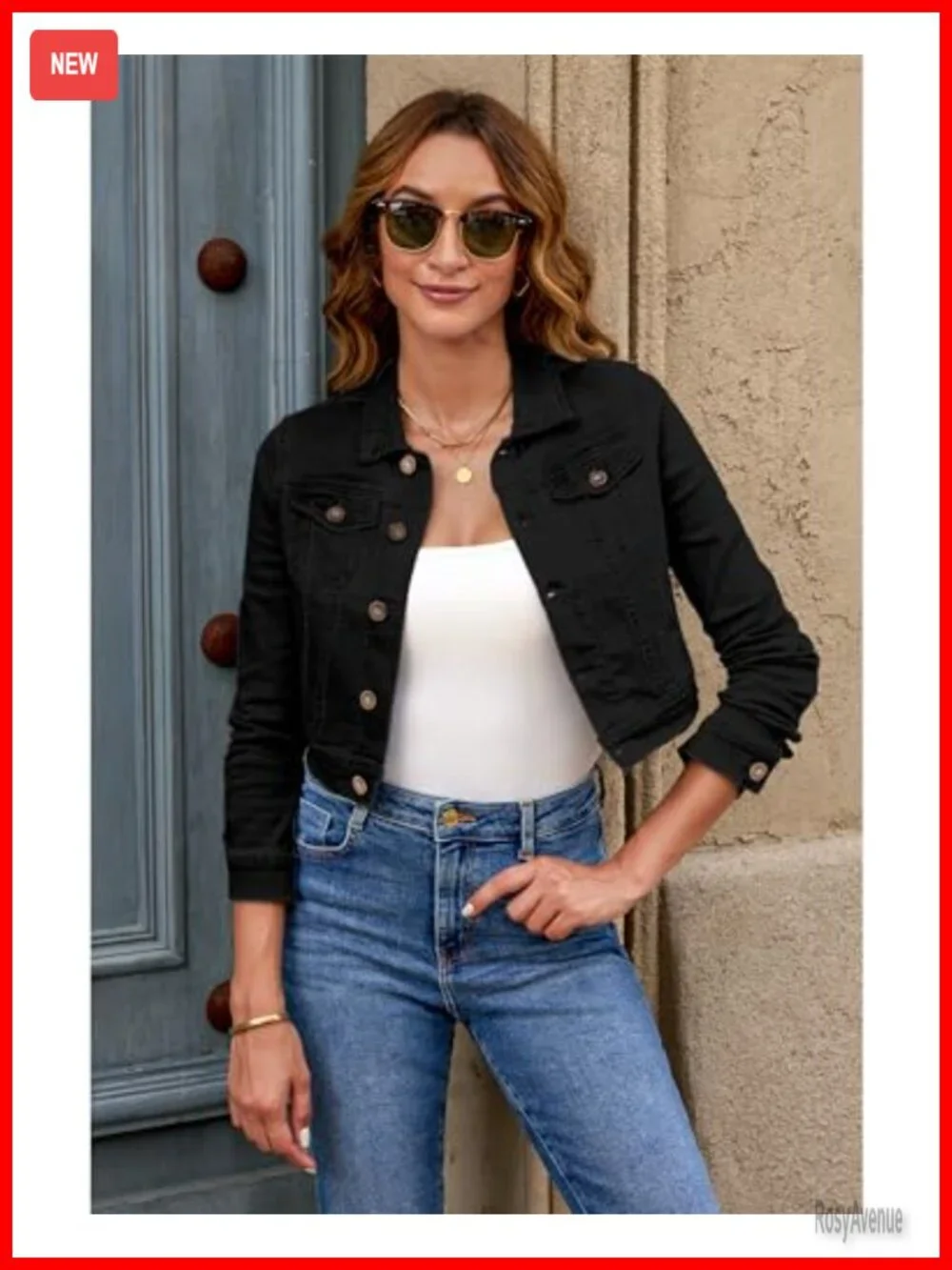 Cropped Denim Jacket with Pockets Stretchy Lightweight Fitted